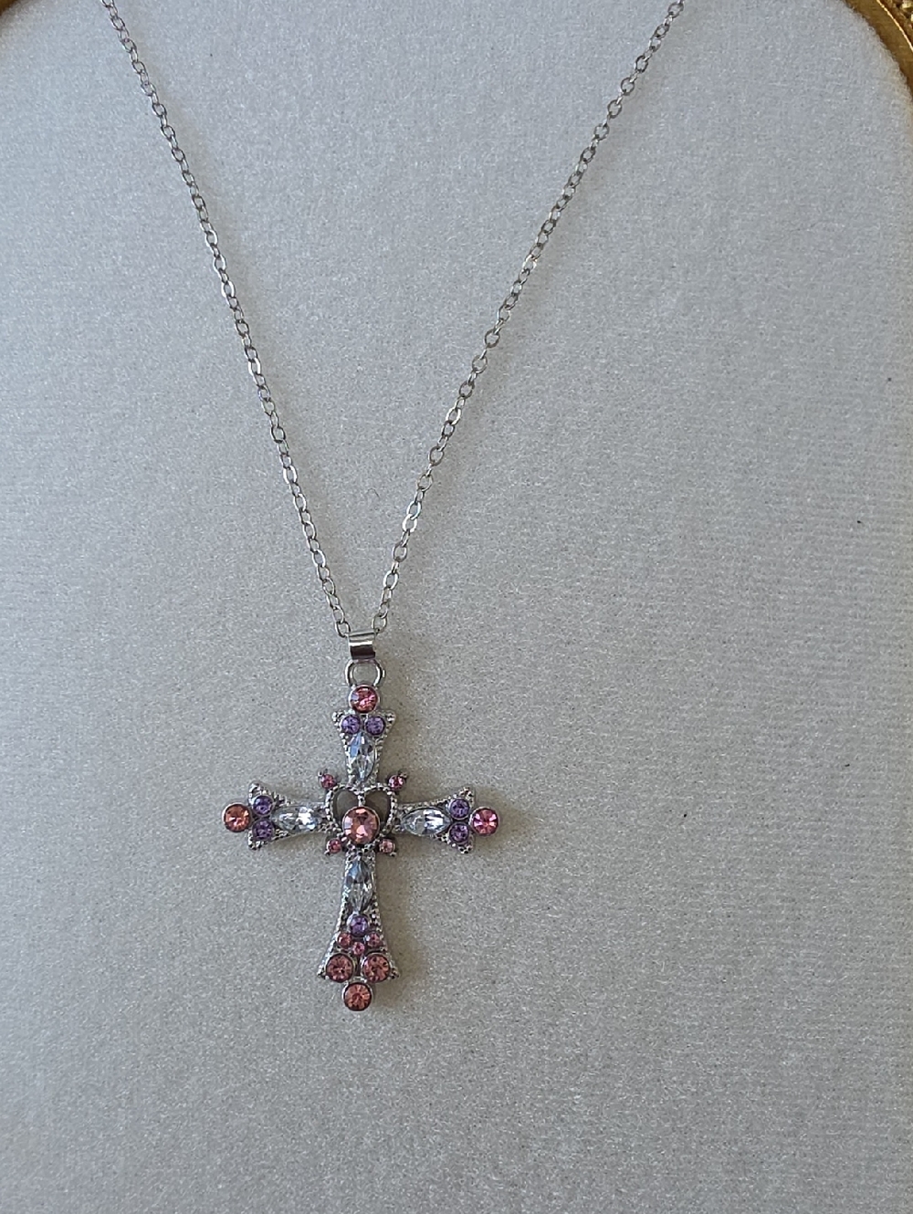 Cross Pendant Necklace with Pink and Purple Crystals